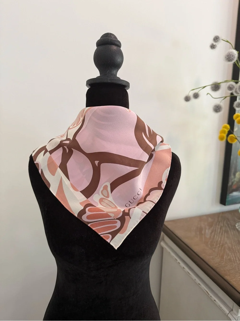 Gucci Silk Scarf Brown Beige Hand Rolled Made in Italy New With Tag